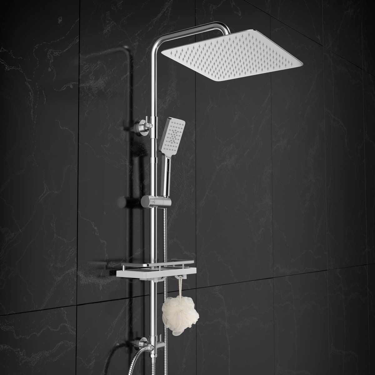 SnelShoppen - Regendouche Doucheset Zonder Armatuur met Plank - Roestvrij Staal Douchesysteem - Doucheplank, Douchestang en Douchekop 25x25cm Chroom -