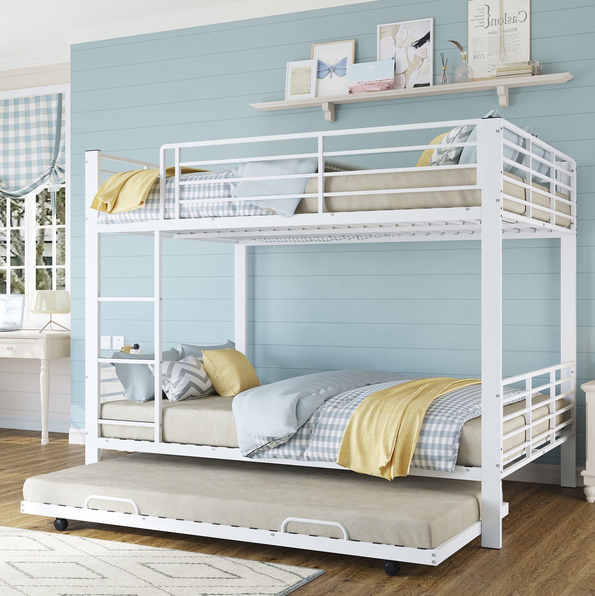 OKWISH Stapelbed 140x200 cm - Met Uittrekbaar Onderbed Voor 3 Personen - Ruimtebesparend Kinderbed - Metaal - Mat Wit - Zonder Matras