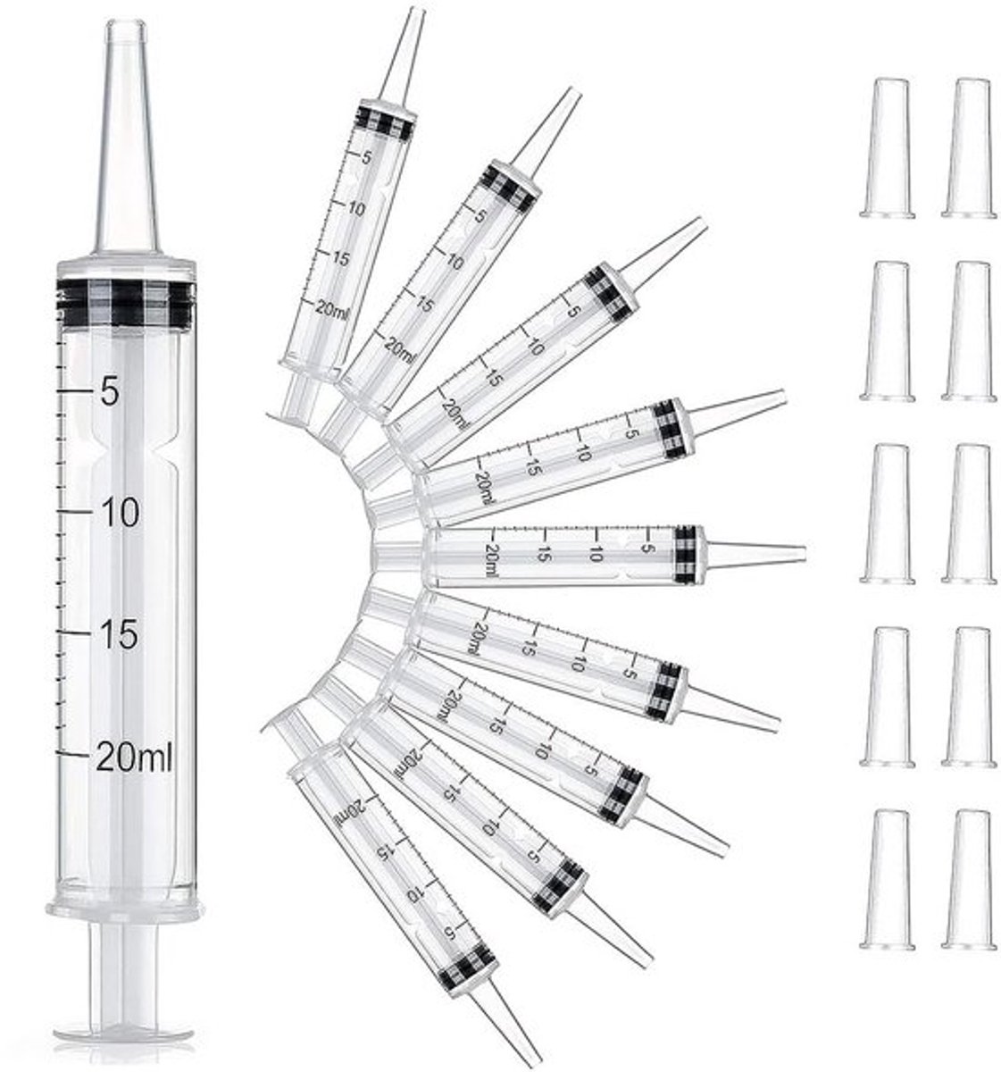 Plastic Spuiten 10-Pack - 20 ml - Met Dop - Zonder Naald - Voor Wetenschappelijke Laboratoria - Duidelijke Gradatiemarkeringen - Rubberen Punt Afdichting - Spuit
