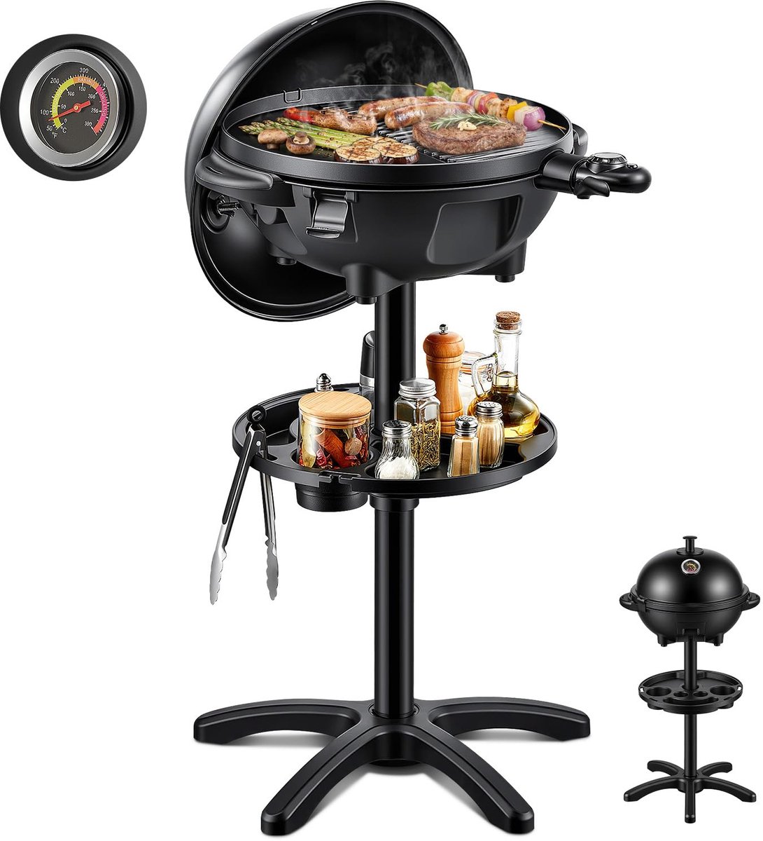 SnelShoppen - Elektrische barbecue 2-in-1 tafelgrill en voeteneinde 2400 W met geïntegreerde thermometer antiaanbaklaag Ø 41 cm zwart voor tuin, campi
