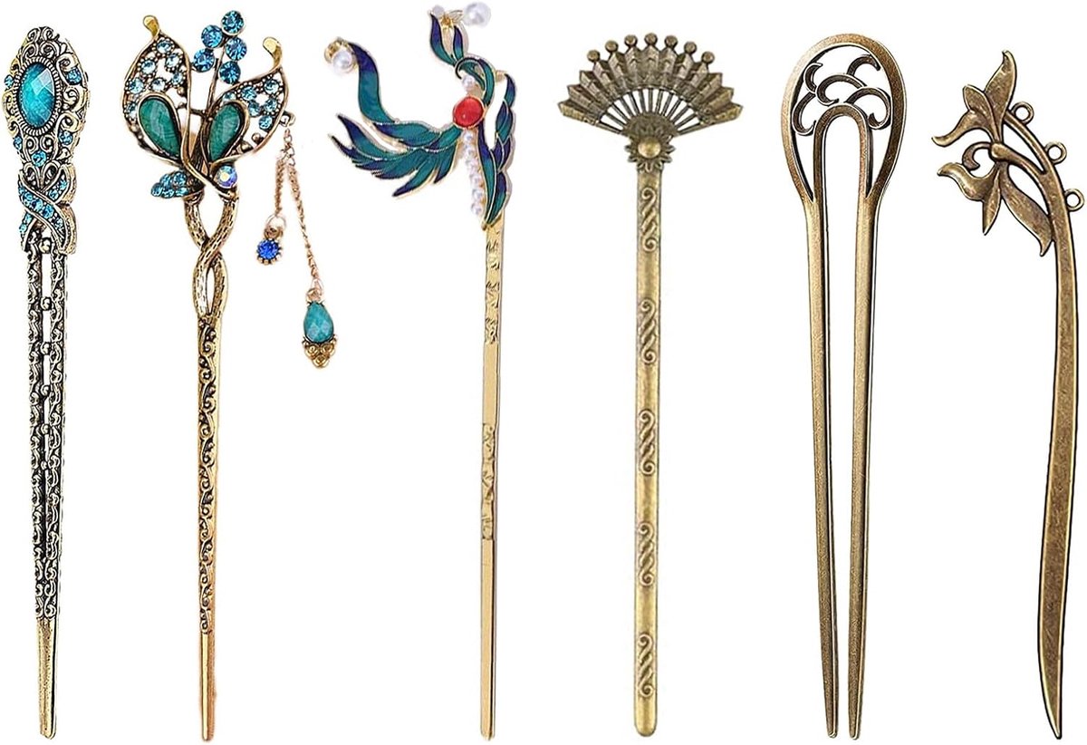 SnelShoppen - 6 Stuks Chinese Vintage Haarspelden - Metalen Haarpin Bronzen Decoratieve Haarknippen Stokjes voor Haar DIY Accessoires (6 Stijlen)