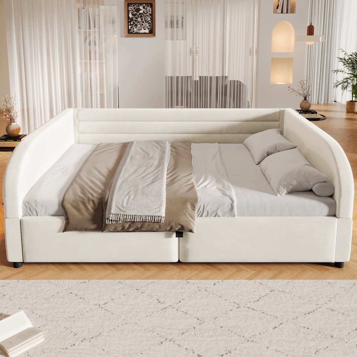 OKWISH Gestoffeerd Bed 140x200 cm - Met Hydraulische Opbergruimte En Led Verlichting - Platformbed Zonder Matras - Tweepersoons Stof Beige