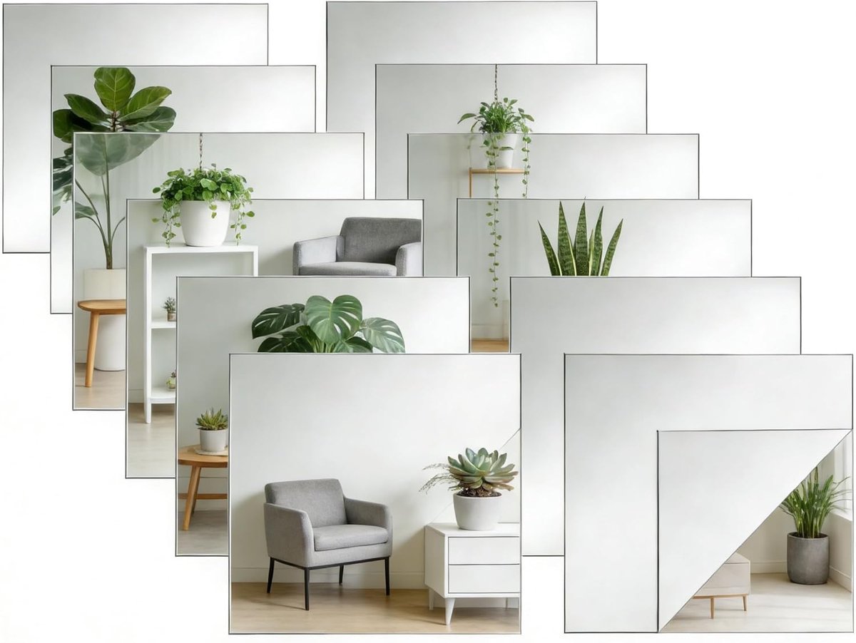 SnelShoppen - Pack van 12 Acryl Spiegelfolie, 2 mm Dikke Zelfklevende Spiegelfolie, 20 x 20 cm Spiegelfolie voor Badkamer, Woonkamer, Slaapkamer, Kast