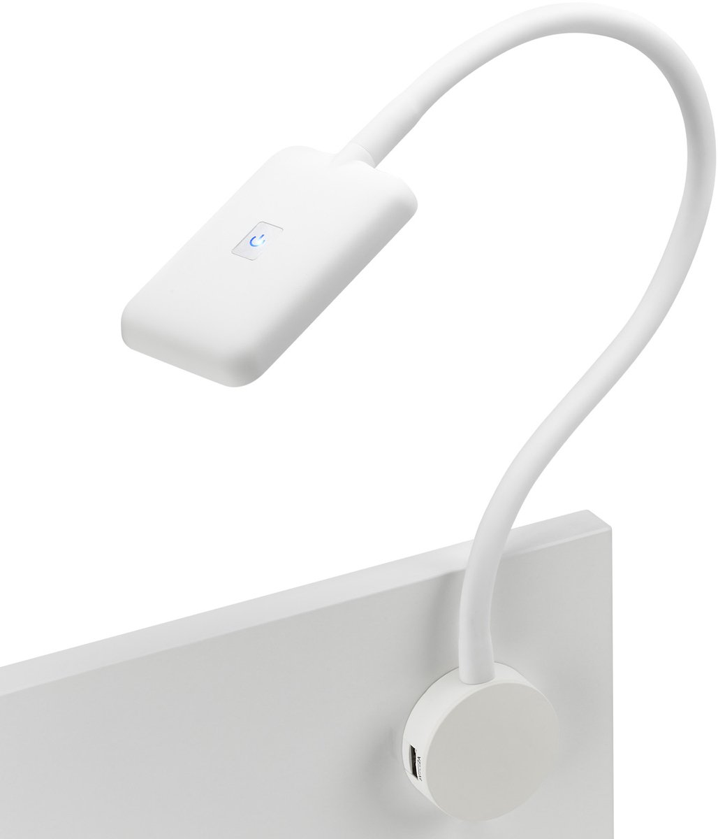 JUNKER Lighting LED Bedlamp / Leeslamp FIORE wit met buigzame arm, 2x USB aansluitingen en touchsensor