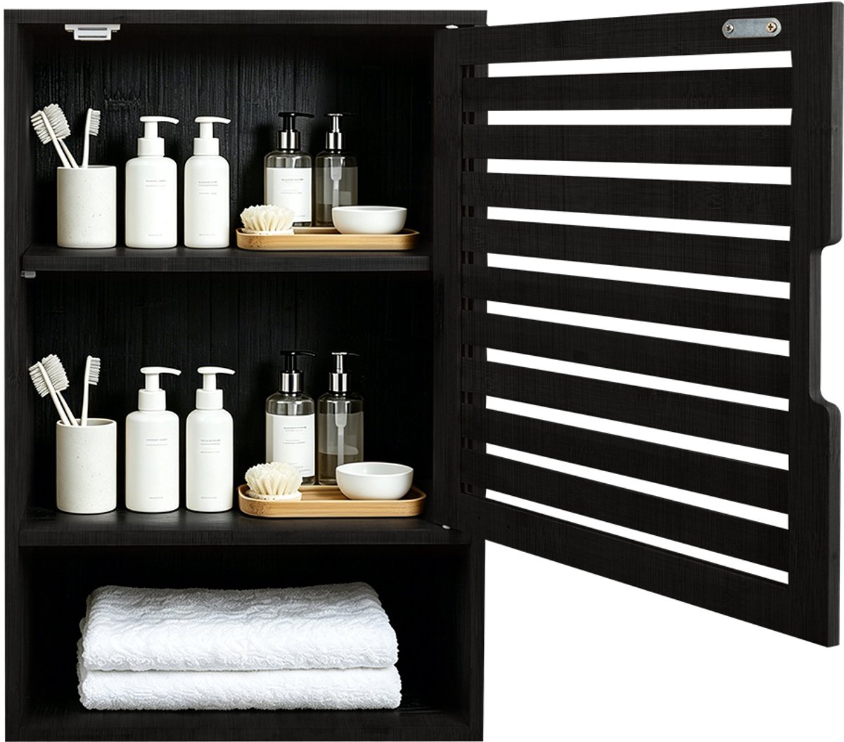 PIPIPOXER Hangkast badkamer - Badkamer Wandkast - 3 vakken -Open Planchet- Hangend Over Het Toilet - 40 x 20 x 60 cm - bamboe-zwart
