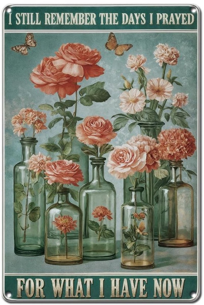 Metalen Bord 20 x 30 cm - Wanddecoratie metaal - Muurkunst bloemen - Vlinder tuin - Kleurrijke planten - Decoratie café/pub