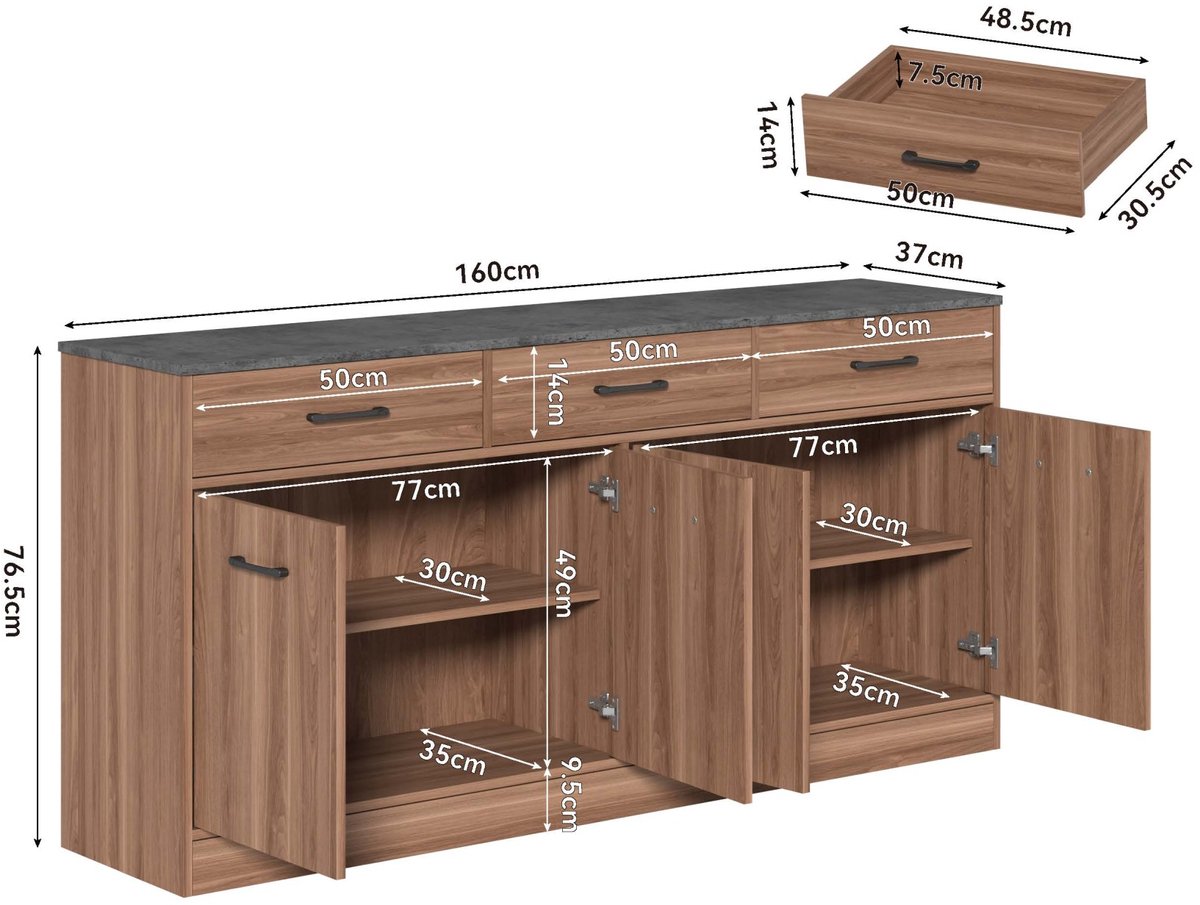 DESMIU Keukenkast - Keukeneiland Met 3 Laden En Verstelbare Planken - Sideboard Voor Keuken En Eetkamer - MDF - 160x37x76,5 Cm - Walnoot