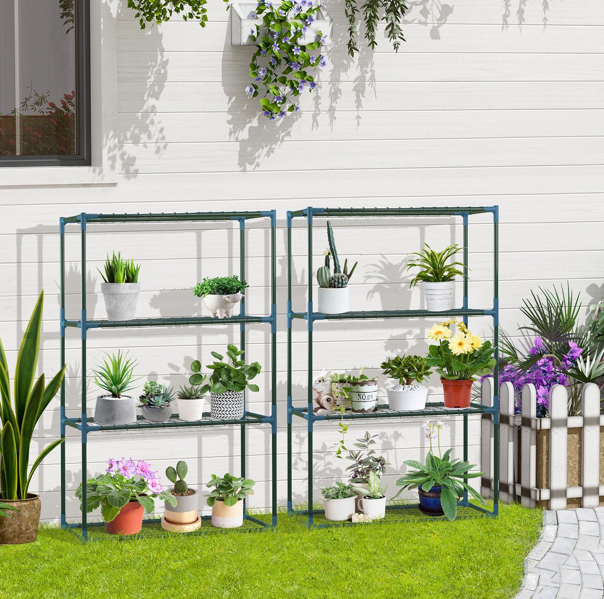 HAUSS SPOLE Plantenrek - 2 Delige Set Met 4 Etages - 70 x 27 x 110 cm - Staal - Groen - Voor Balkon En Tuin - Combineerbaar