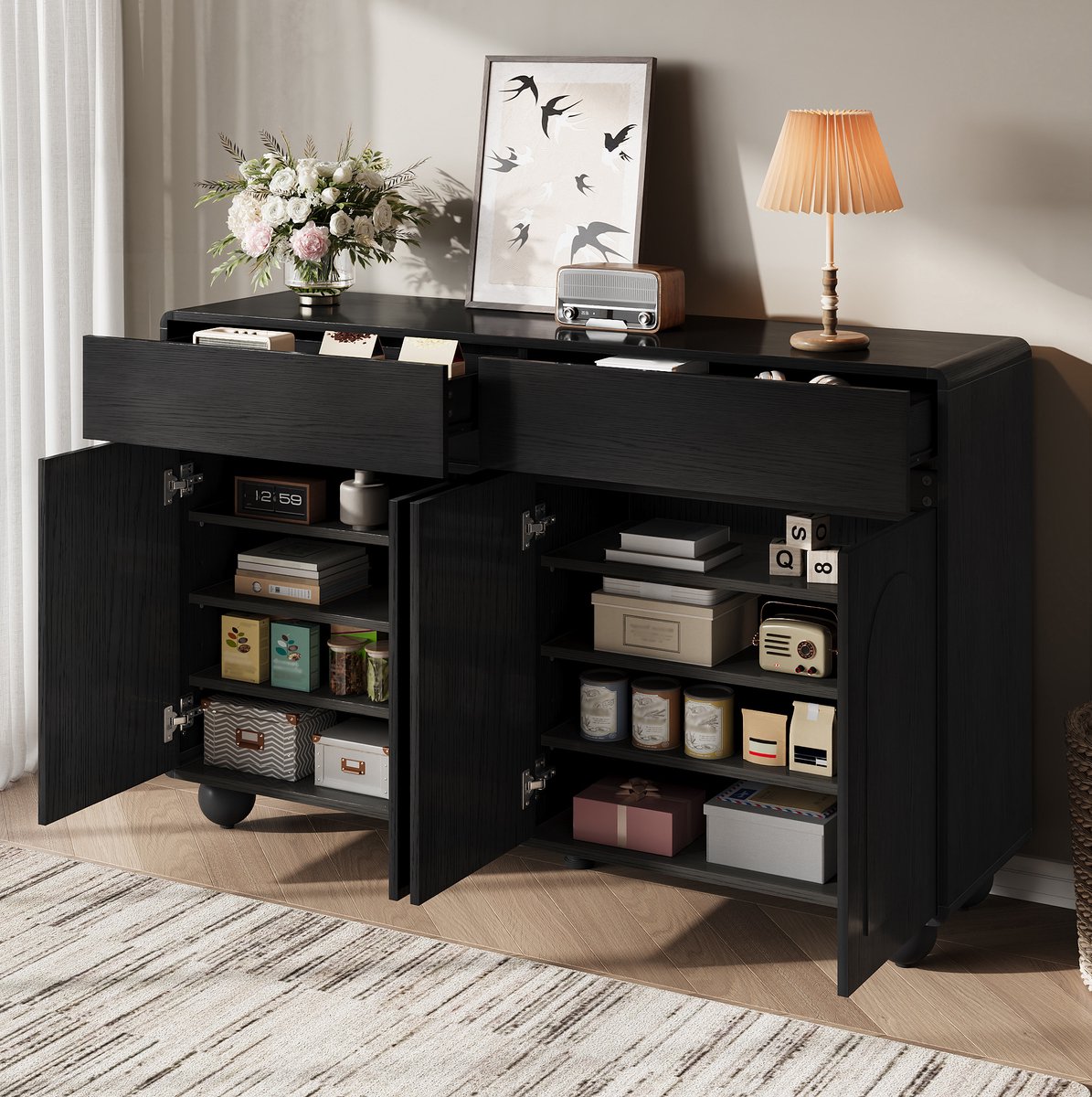 DESMIU Dressoir - Gebogen Deuren Met 2 Lades En 4 Deuren - Verstelbare Planken Voor Woonkamer - MDF En Spaanplaat - 140x38x89 Cm - Zwart