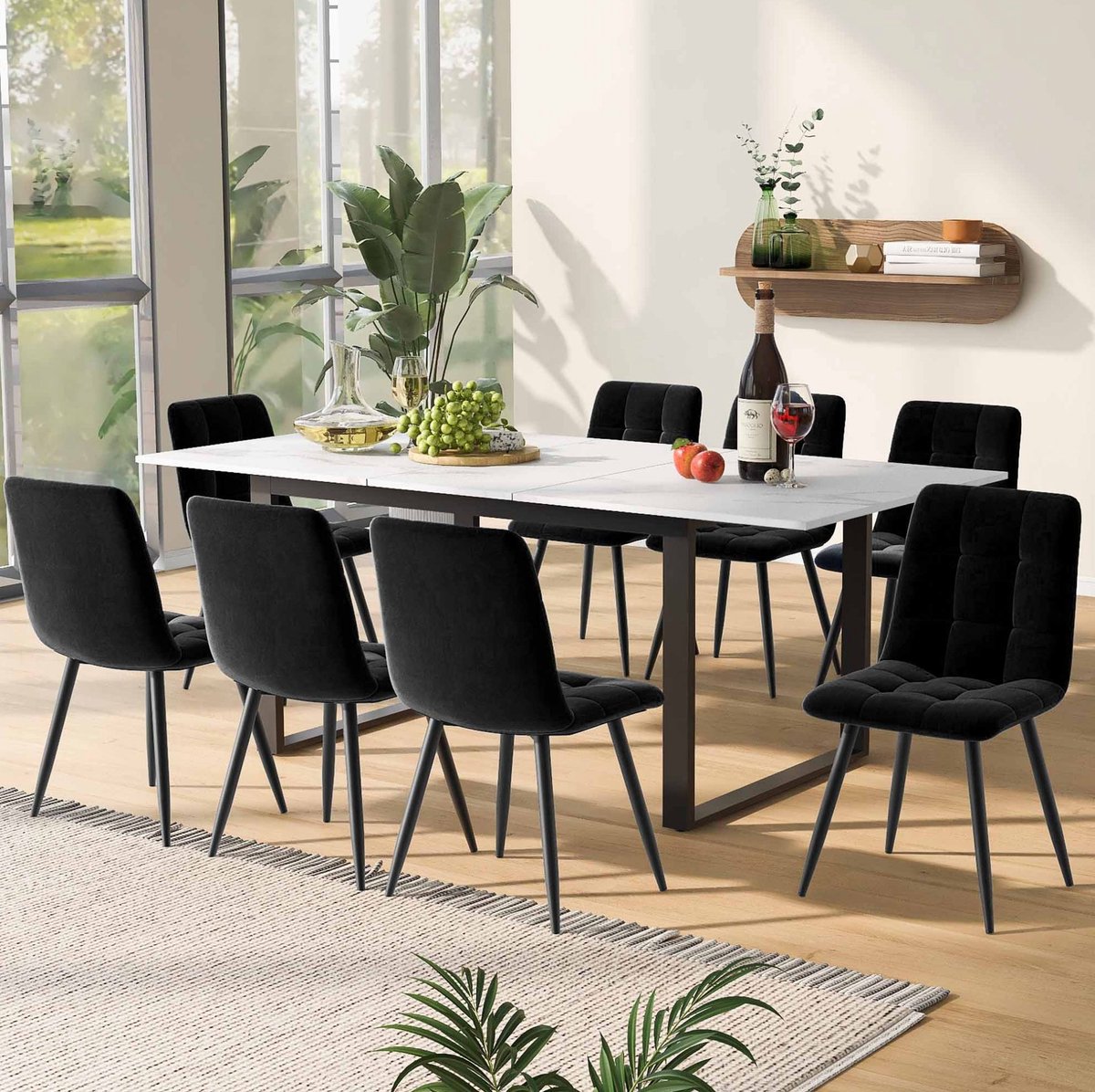 MEUNIQ Eettafel met 8 stoelen, uitschuifbare esset 140/180 x 80 x 75 cm, witte MDF tafelblad, zwarte metalen poten, moderne eetkamerset