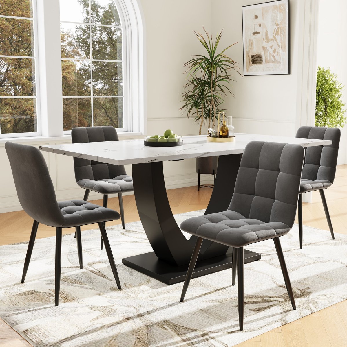 MEUNIQ Eetkamerset 5-delig met 4 stoelen, eettafel 140 x 80 x 75,5 cm, U-vormige zwarte poten, wit marmerlook tafelblad en grijze fluwelen eetkamerstoelen