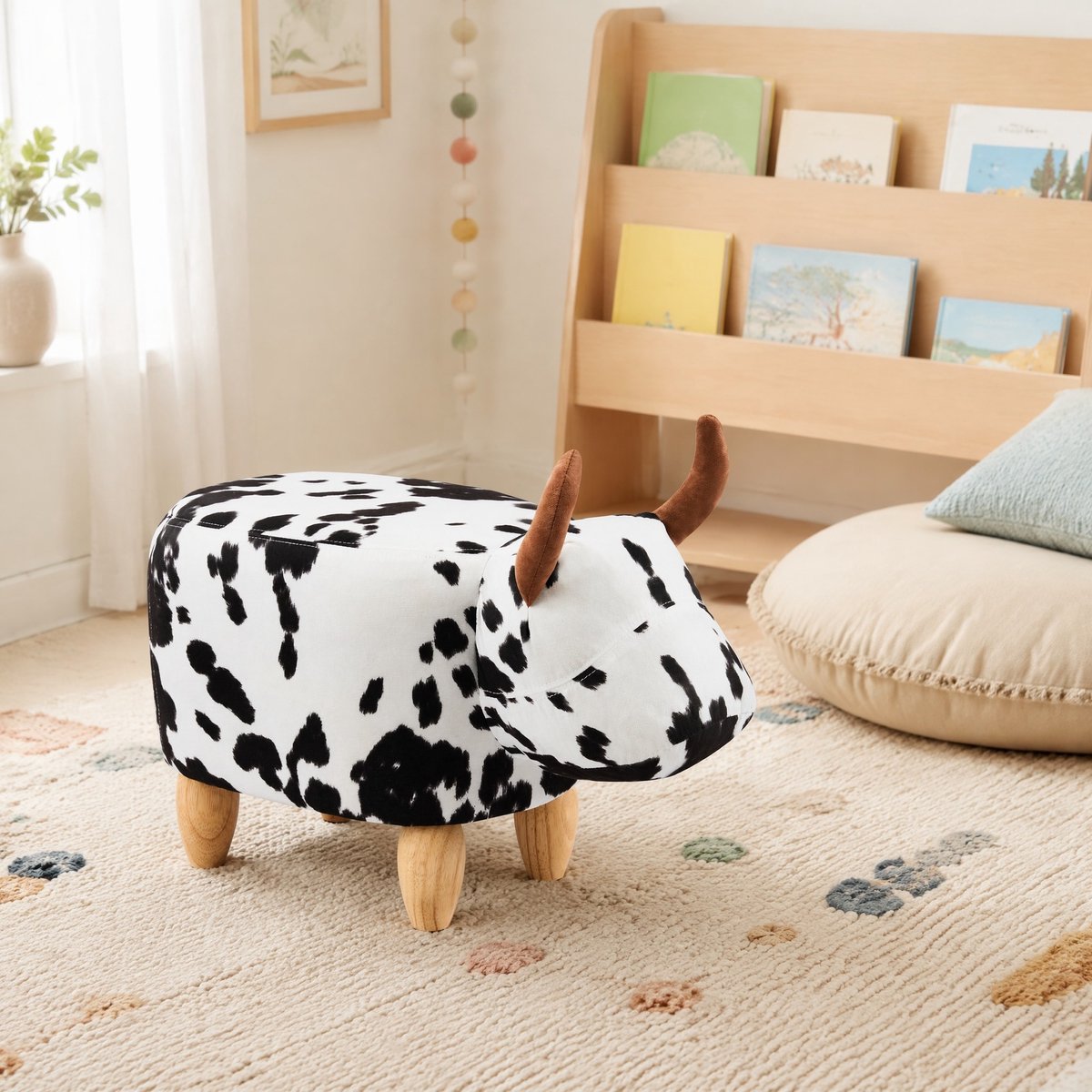 MODENUIT Voetenbankje – Koe-Design – 62 x 35 x 36 cm – Stof en Hout – Zwart Wit – Voor Binnen
