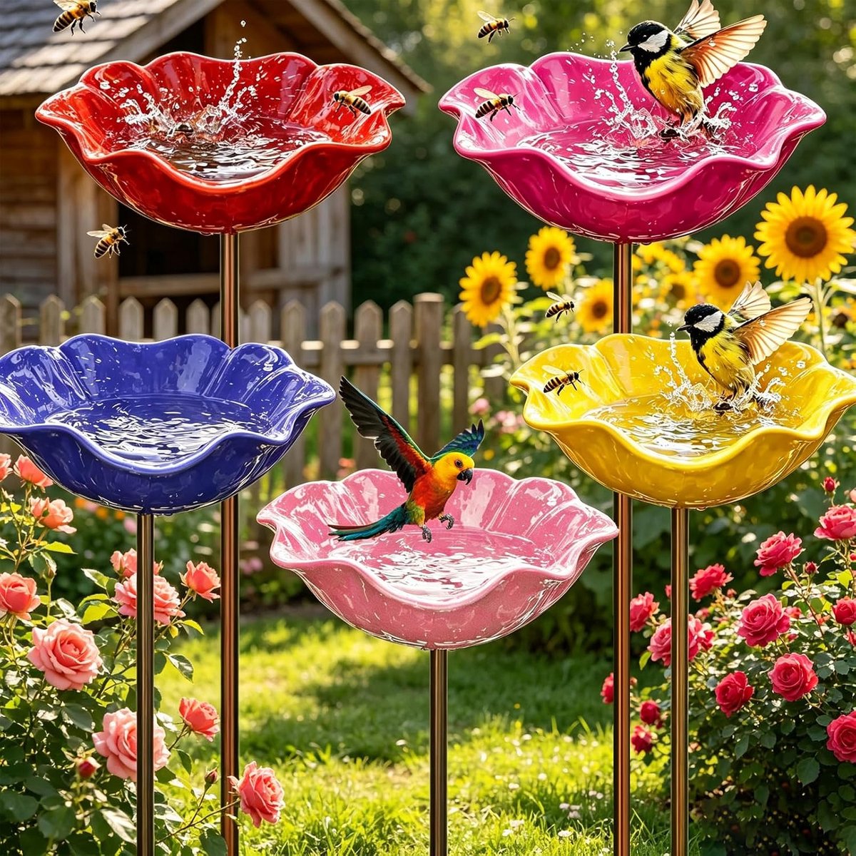 SnelShoppen - Bird Feeding Station 5-delig, Metalen Vogelbad met Stand, Vintage Tuin Decoratie voor Balkon, Tuin en Buitenruimte