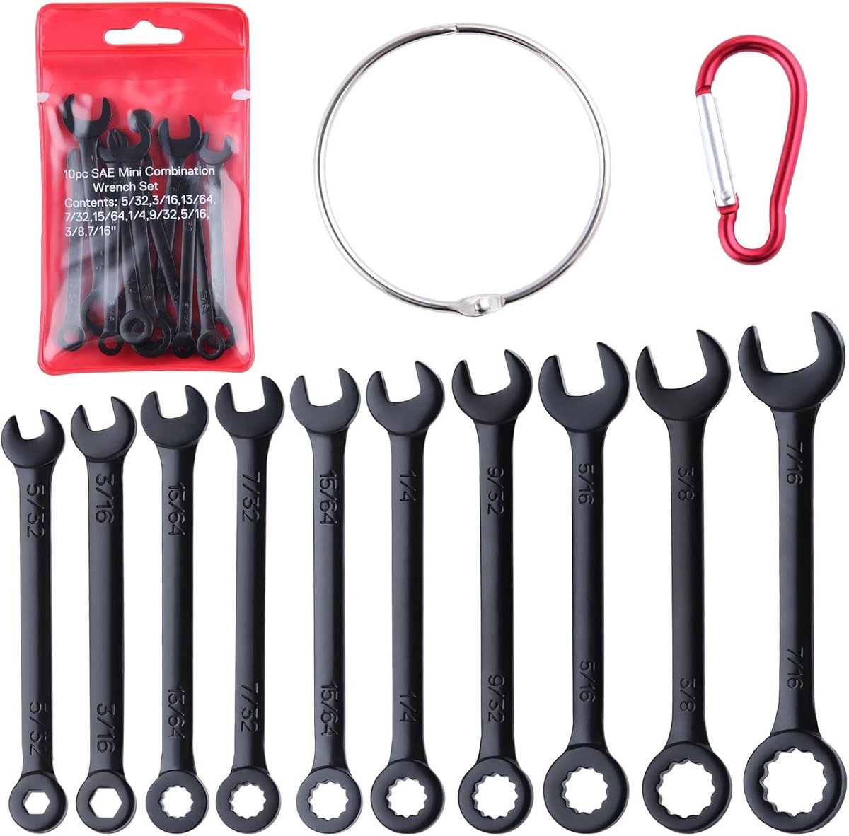 Mini Steeksleutel Set 10 Stuks - SAE 5/32"-7/16" Open en Dichte Eind Sleutels met Draagtas en Sleutelhangers, Ideaal voor Onderhoud en Reparatie