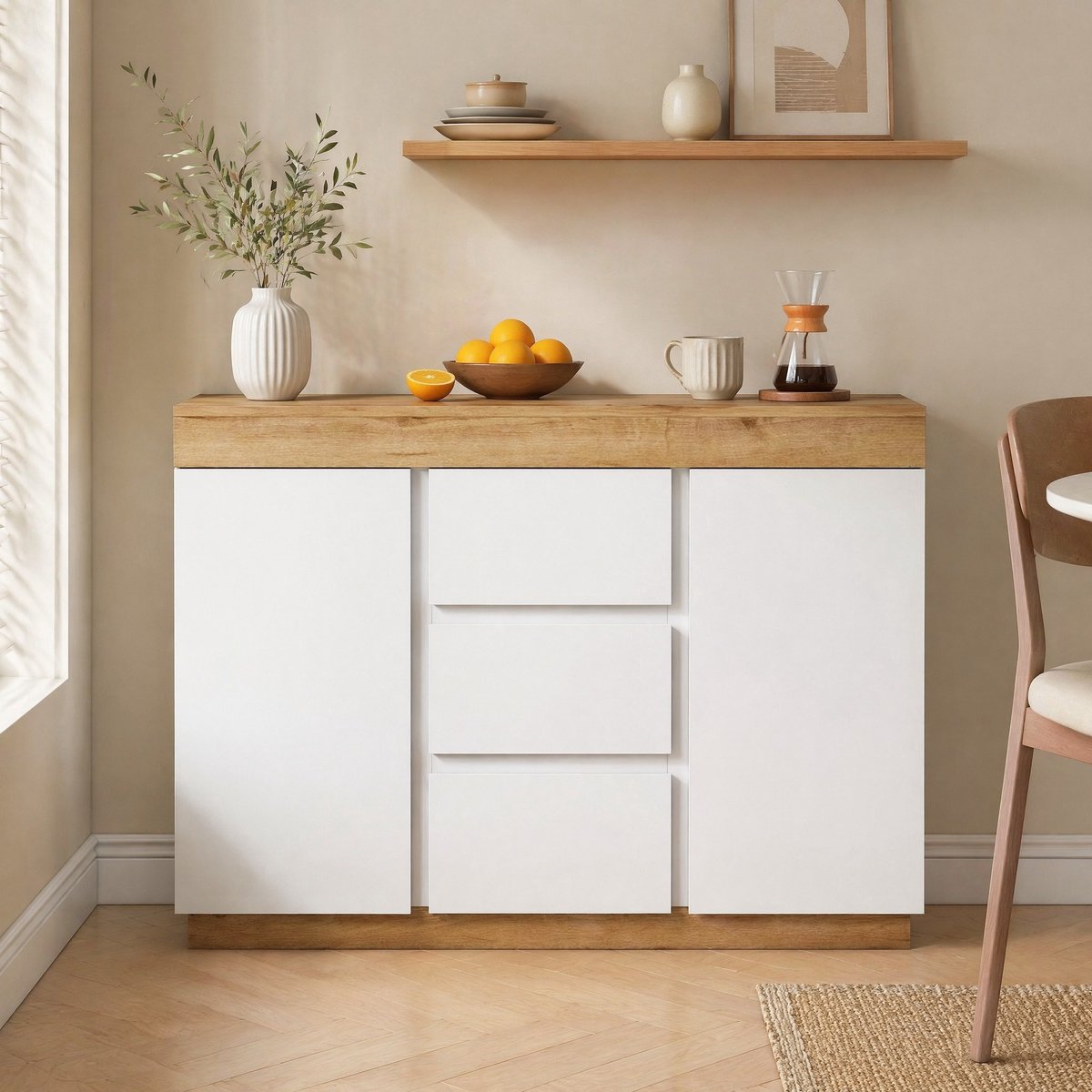 MODFU - Dressoir - 3 Lades - 2 Deuren - Wit Eiken - Slaapkamer Woonkamer