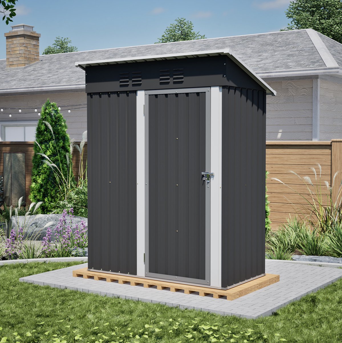 Tuinhuis Met Afsluitbare Metalen Deur - 152,2 x 83,6 x 182 cm - Metaal - Zwart - Gereedschapsschuur Voor Tuin En Terras - Zonder Ramen