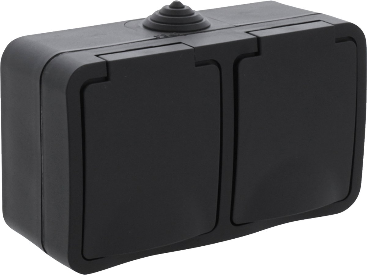 Opbouw Stopcontact Dubbel Horizontaal Randaarde IP54 Zwart | Per Stuk