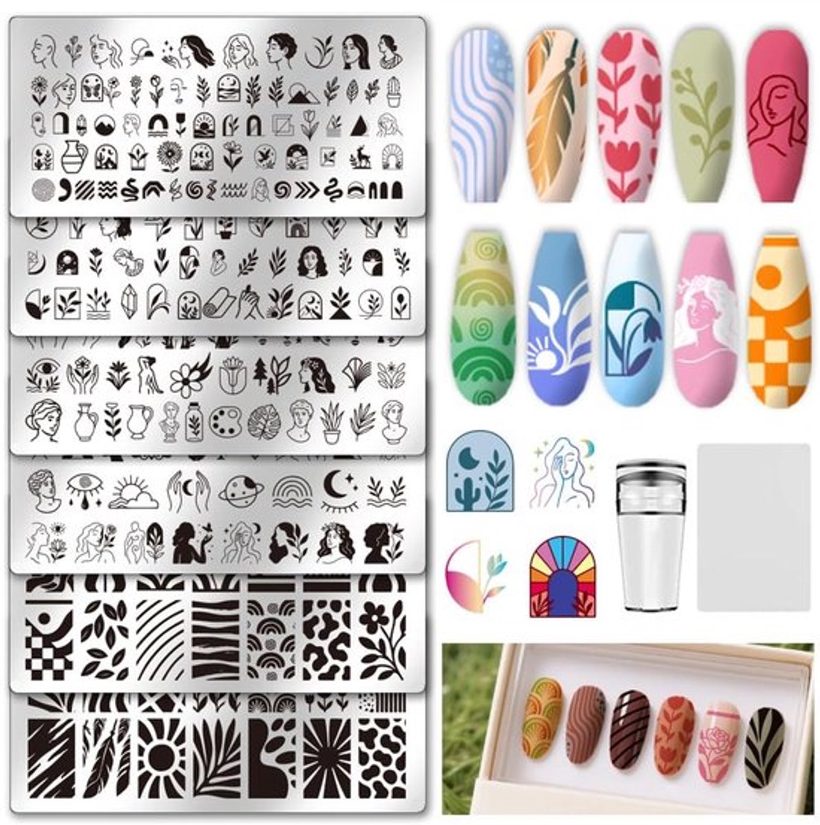 6 Stks Nagels Stempel Platen Set Abstract Lady Face Boho Plant
