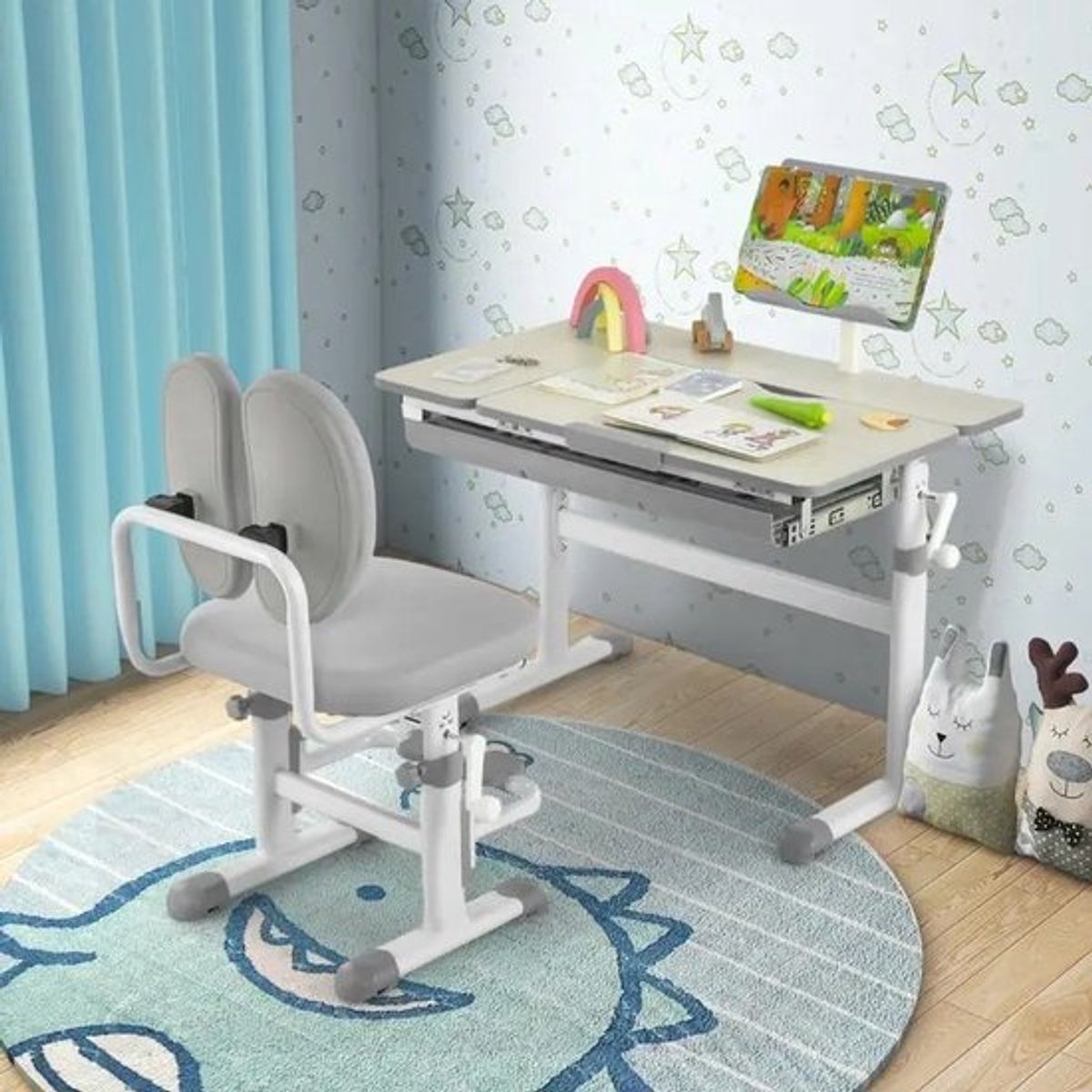 Verstelbaar kinderbureau met kantelbaar blad en lade, ergonomische kinderbureautafel grijs