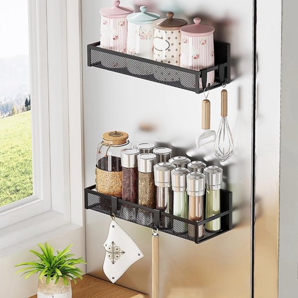 Kruidenrek Magnetisch - 2 Stuks - Keukenorganizer met 10 Haken - Zwart Koolstofstaal - 30,5 x 10 x 7,5 cm - Stijlvol en Praktisch - Keukenrek