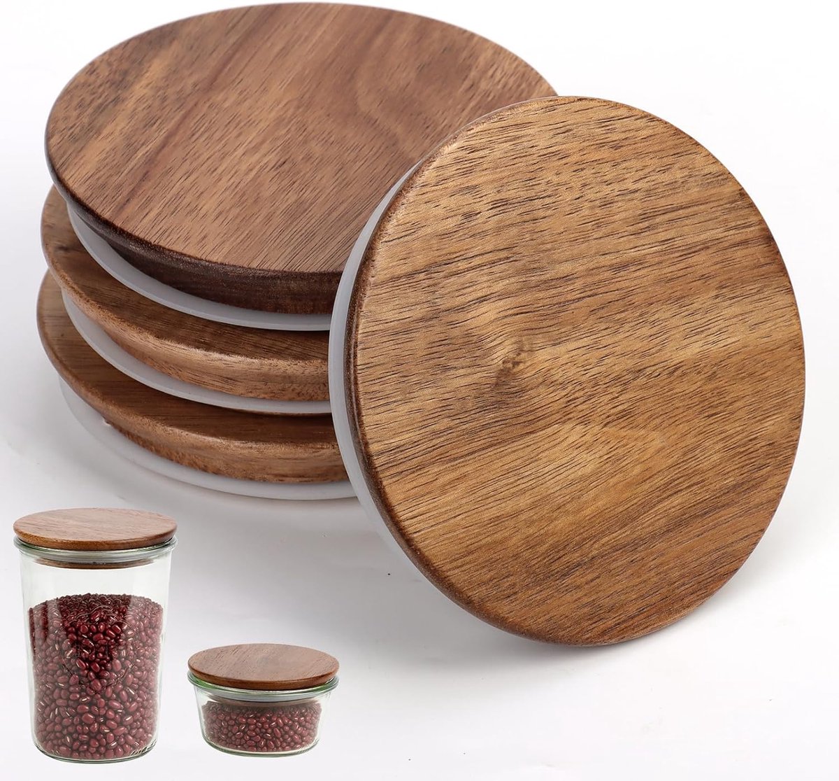 SnelShoppen - Set van 4 Lichten voor Inmaakglazen - 100 mm - Acacia Hout - Tulpen Design - Glazen Deksel met Siliconen - Luchtdicht en Herbruikbaar -
