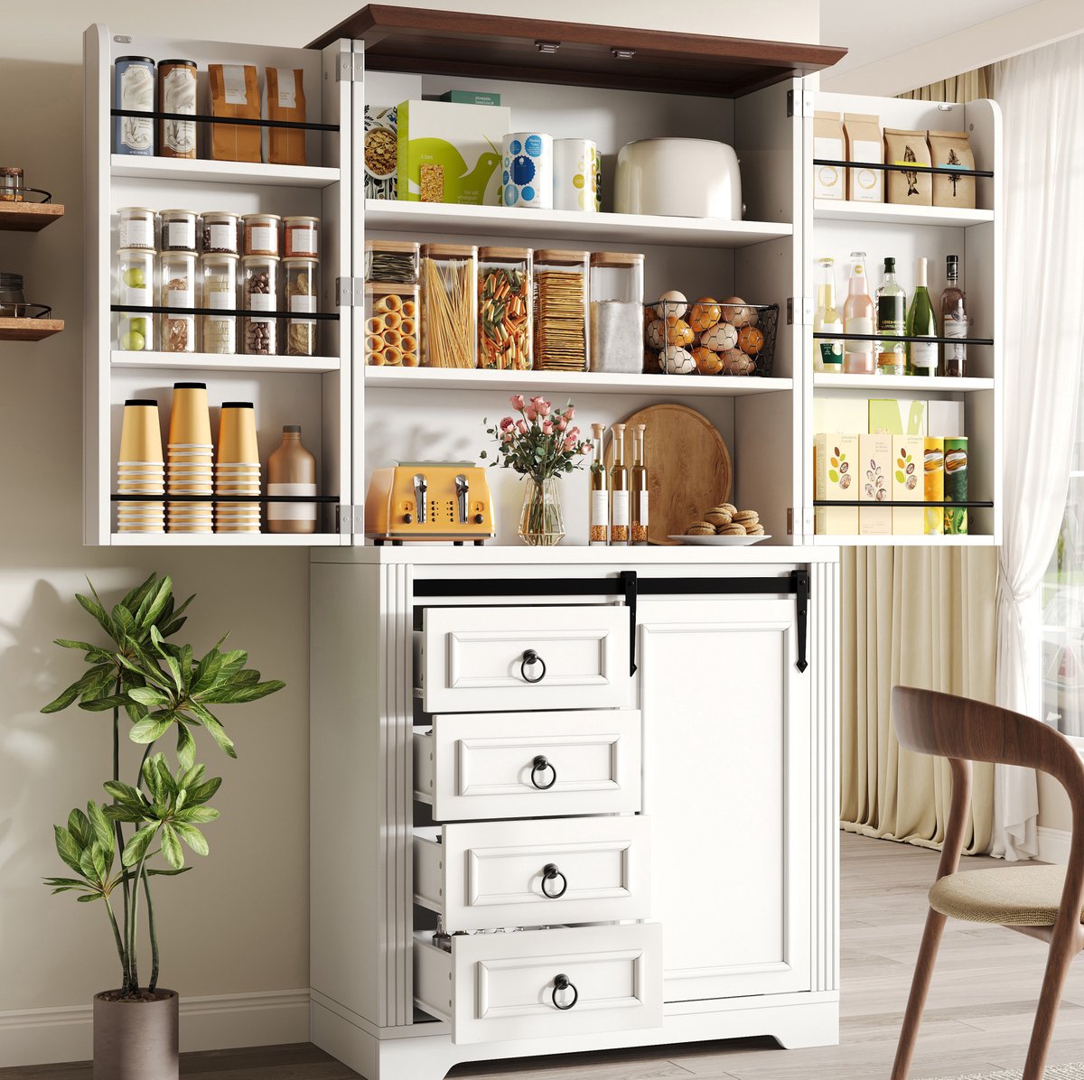 DESMIU Keukenkast - Hoge Opbergkast Met Softclose En Kantelbeveiliging - 4 Laden En Verstelbare Planken Voor Keuken - MDF - 80x39,8x180 Cm - Wit