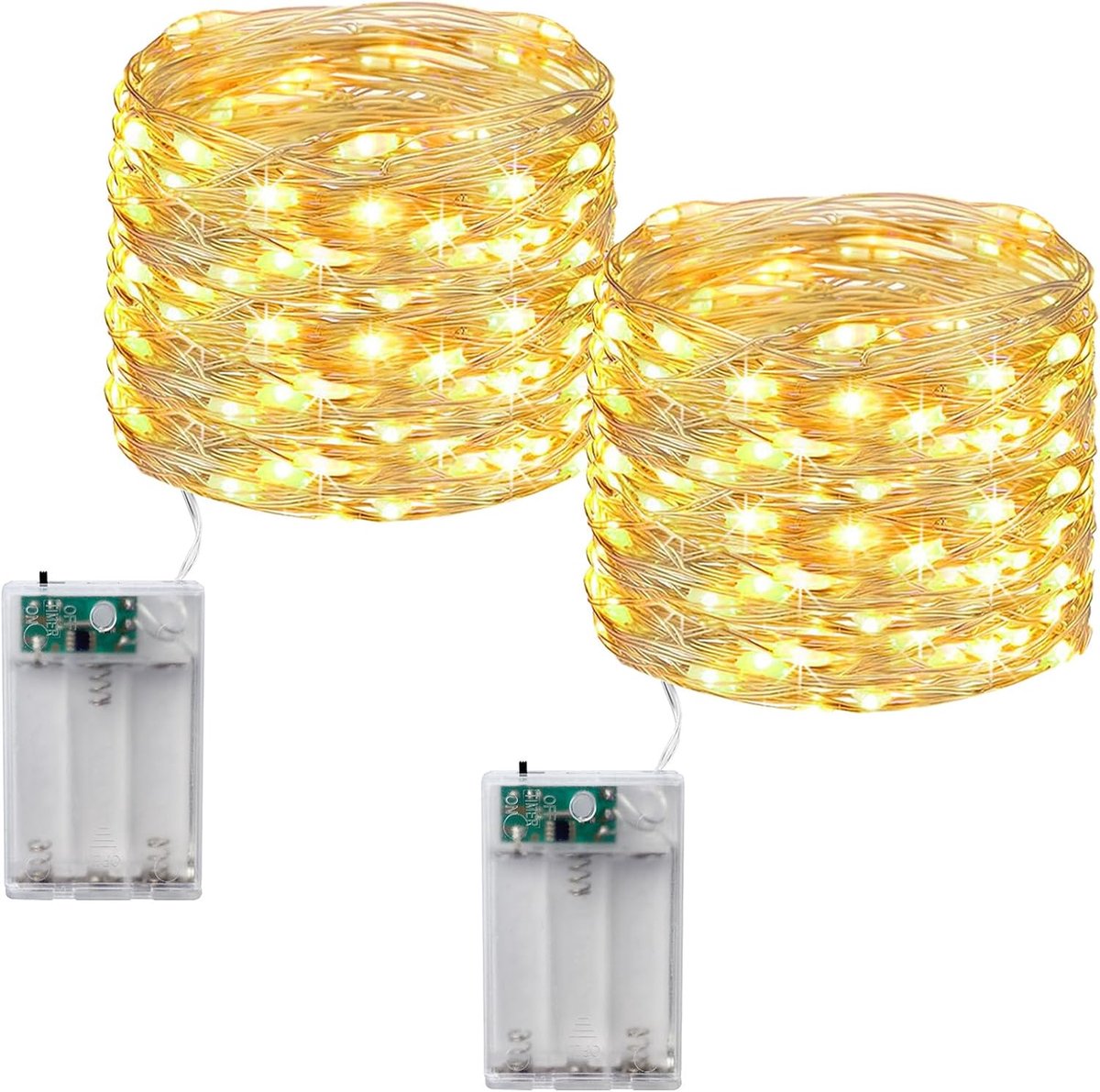 SnelShoppen - 2x LED Lichtketting op Batterijen met Timer, 10m, 100 Leds, Warmwit Koperdraad voor Binnen, Feest, Kerst, Bruiloft, Halloween, Slaapkame