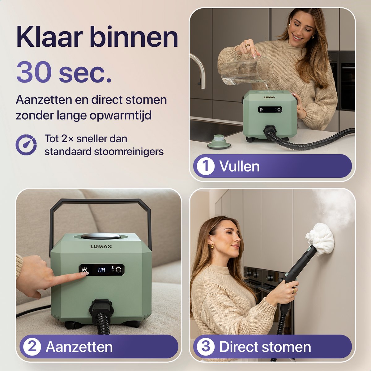 LUMAN Stoomreiniger MAX – 2600W - 60 min Stoomtijd - 2.5L Watertank – Handstoomreiniger & Tapijtreiniger - Groen thumbnail 4