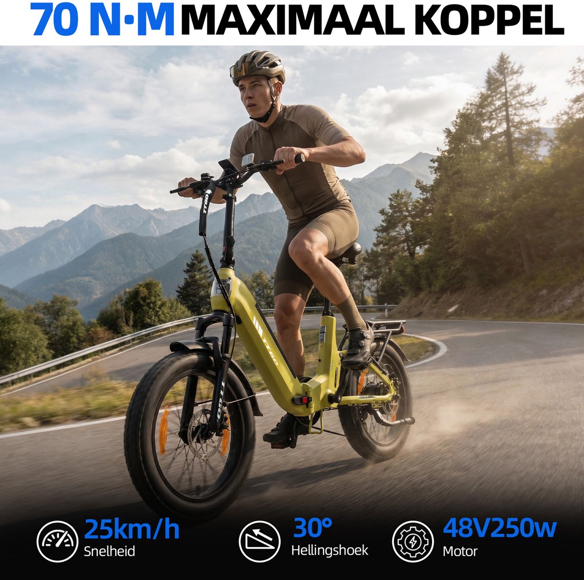 TTGO F7 Elektrische Fiets - 250W Motor - 48V15Ah Accu - 20 Inch Banden Vouwfiets - Max Snelheid 25km/u - Max Bereik 100-120 km - Shimano 7 Versnellingen - Mosterdgeel thumbnail 3