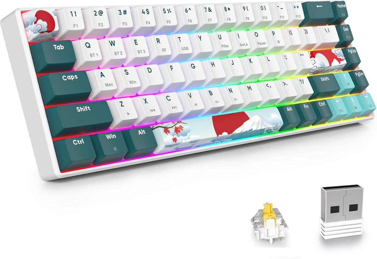 SnelShoppen - Mechanisch Gaming Toetsenbord 68 Toetsen met Gateron Gele Schakelaar, Bluetooth 5.0/2.4GHz/Wired, 65% RGB Achtergrondverlichting, Hot Sw