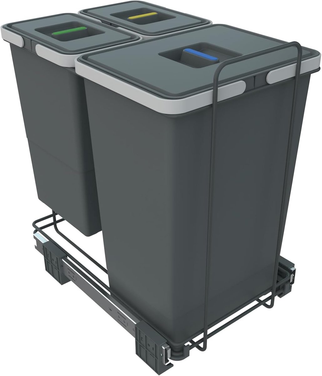 SnelShoppen - Afvalbak met Afvalscheiding, Uittrekbaar, 30x45x46 cm, Grijs, 24+8+8 Liter Capaciteit, Plastic en Metaal, Voor Keuken, Tuin, Feest, Camp