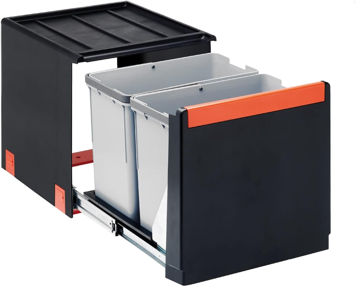 SnelShoppen - Afvalemmer Cube 40 - 2x14L Zwarte Keuken Sorteringscontainer - Ergonomisch Ontwerp - Perfect voor Huishoudelijk Afval en Recycling