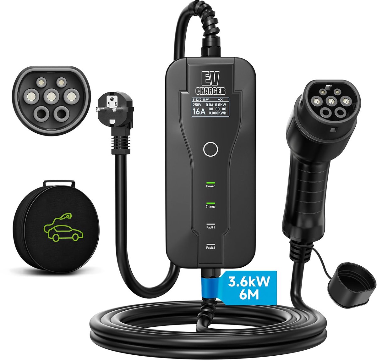 SnelShoppen - 6M EV Oplader Type 2, 3.6kW Elektrische Voertuiglader met Schakelbare Stroom 8-16A, Digitale Display en Oplaadkabel met Zak (IEC 62196-2