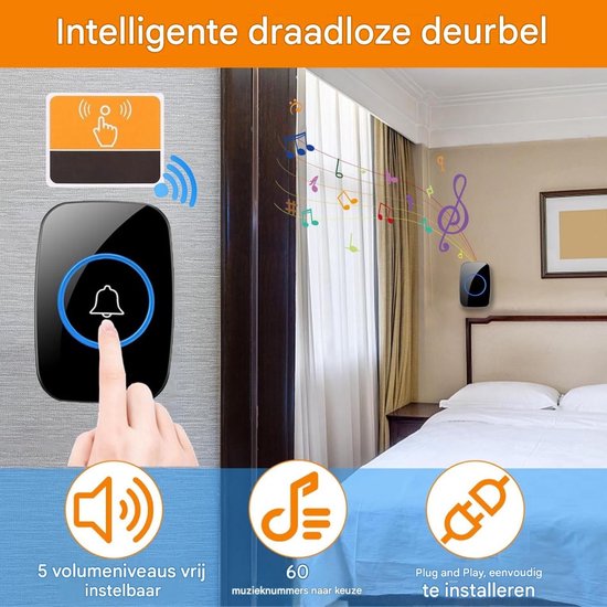 GELLDG Draadloze deurbel - Draadloze, waterdichte deurbel voor buiten – Bereik van 300 m - Inclusief Ontvanger voor in het stopcontact - 60 melodieën & 5 volumeniveaus - IP44-waterbestendig - Zwart — afbeelding 3
