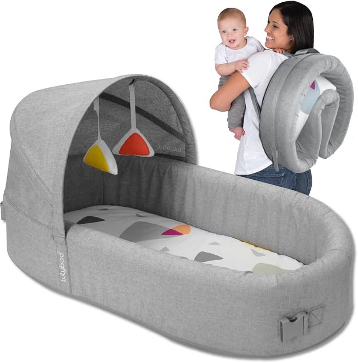 Lulyboo Bassinet To Go Baby Nestje & Reiswieg - Opvouwbare Babylounger met Speelboog, Luifel & Verschoonplek - Draagbaar Rugzakmodel - 0-12 Maanden - Metro