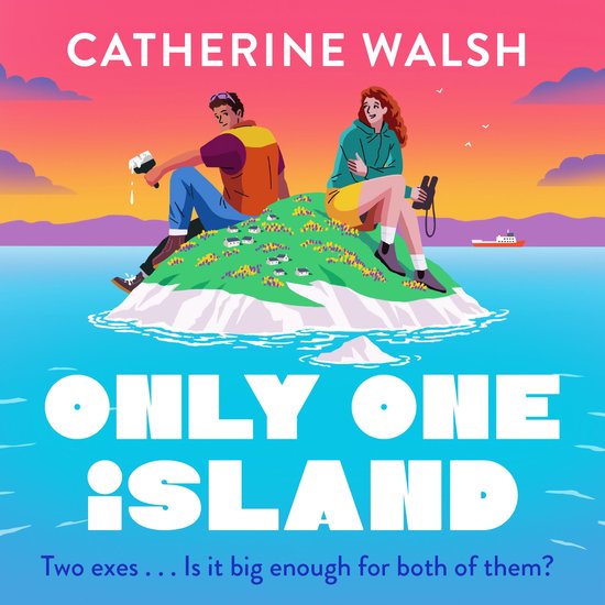 Boekomslag van 'Only One Island' van Catherine Walsh. Twee mensen op een eilandje met huisjes, met een boot op de achtergrond.
