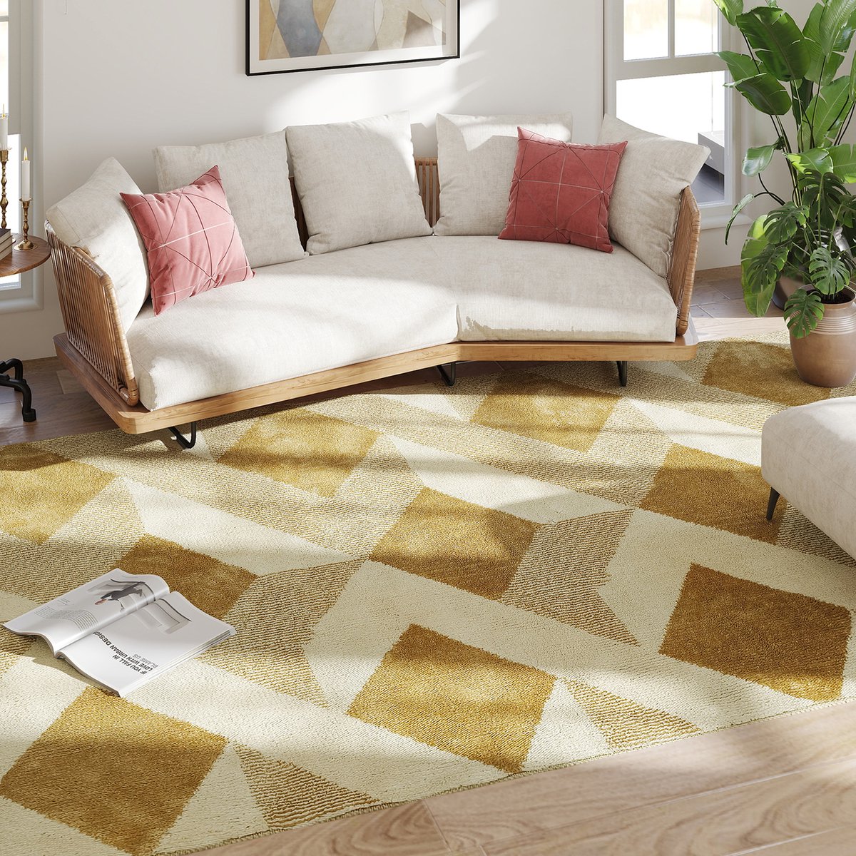 TEKROA® - Vloerkleed voor Woonkamer - Tapijt - Carpet - Hypoallergeen & Wasbaar - Geometrisch 3D-Effect - 230 x 160 cm - Geel