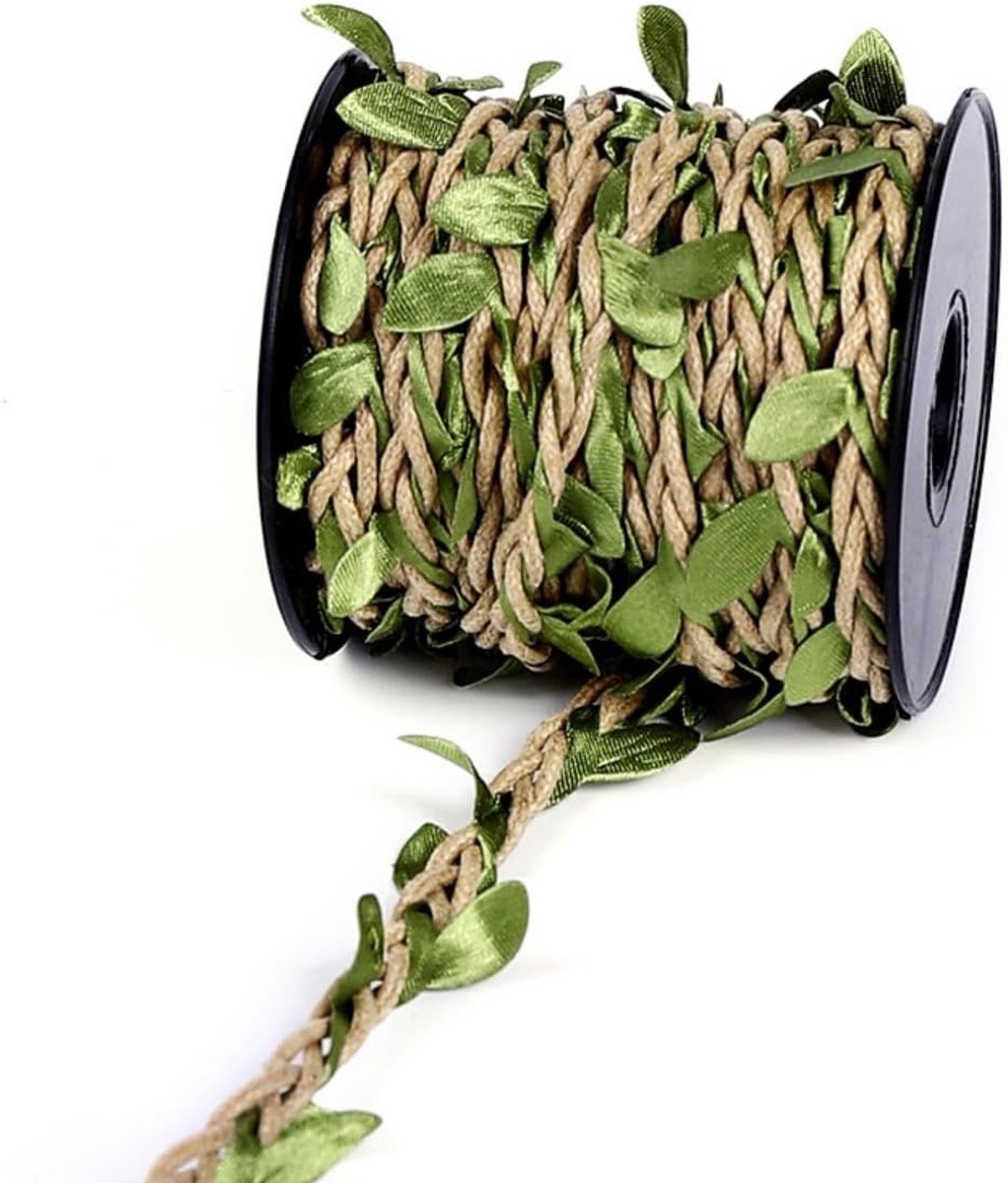 Jute Touw met Wasbehandeling, 10m Decoratieve Jute Tape voor DIY Bruiloft, Tuin Kunst en Bloemstukken met Groene Bladeren