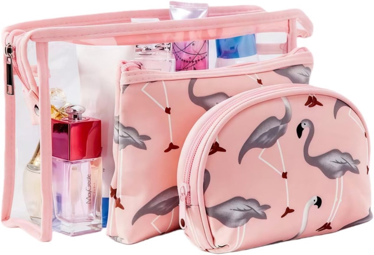 Set van 3 Make-up Tassen met Flamingo Thema - Draagbare Toilettas voor Vrouwen en Meisjes, Perfect als Verjaardagscadeau voor Moeders en Vriendinnen