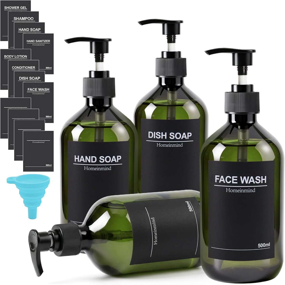 SnelShoppen - Zeepdispenser Groen 500 ml - Douchegeldispenser Shampoo - Afwasmiddeldispenser Keuken en Badkamer - Set met Trechter en Waterdichte Fles