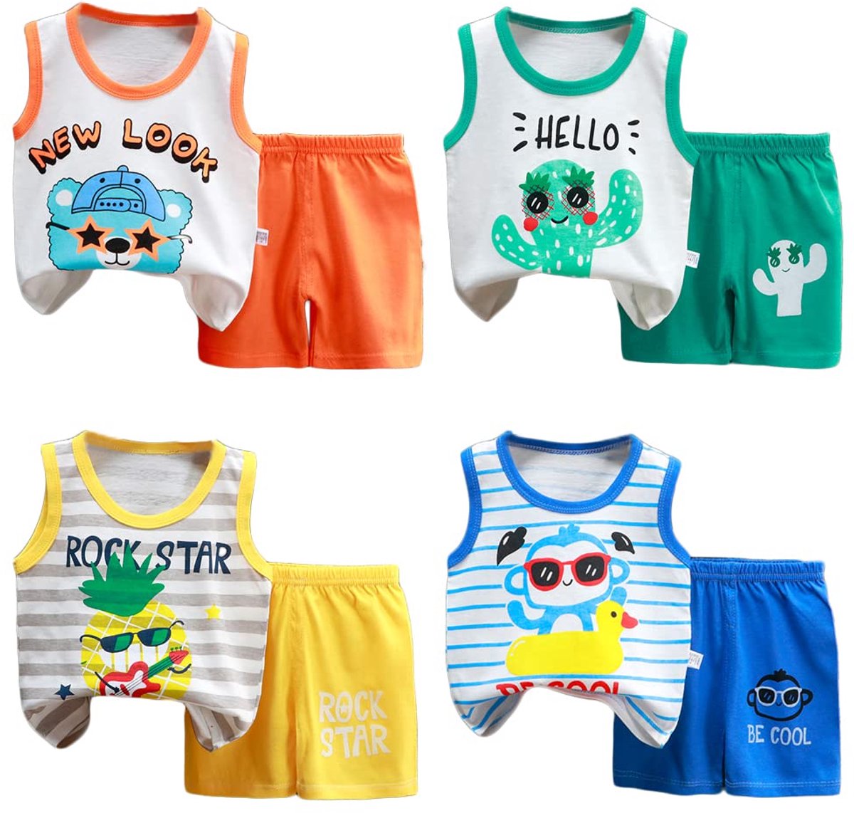 SnelShoppen - Set van 8 Mouwloze Vesten en Tanktops voor Baby Jongens, Zachte Onderhemden en Shorts, Kledingset 18-24 Maanden (80-90 cm) voor Feest, S