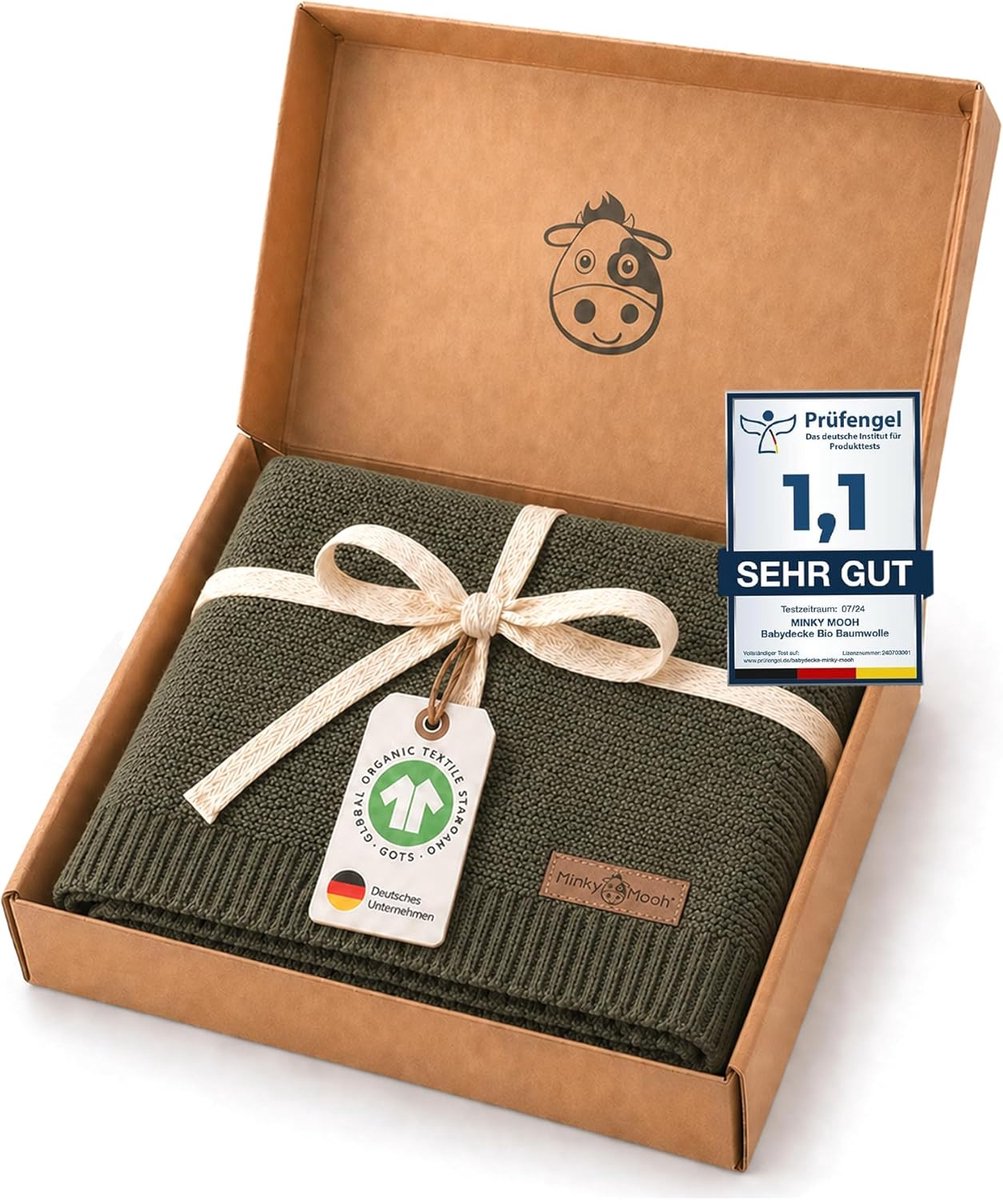 SnelShoppen - Minky Mooh Babydeken, Biologisch Katoen, Oeko-Tex 100, Knuffeldeken, Gebreide Deken, Kruipdeken, Inbakerdeken, 94 x 72 cm, Groen, Cadeau