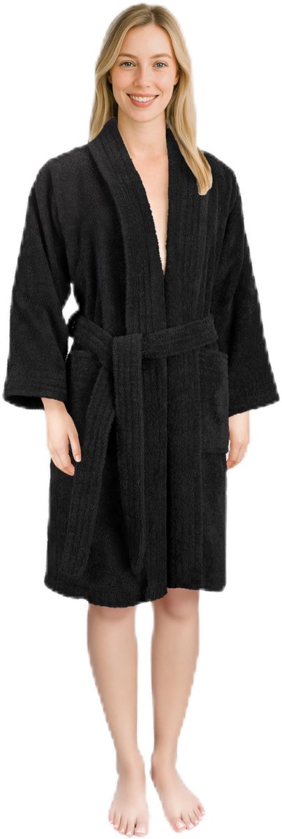 SnelShoppen - Hammetex Badjas Dames 100% Katoen Zachte Badstof 380 g/m² met Zakken - Absorberend en Huidvriendelijk - Zwart - XS voor Thuis en Sauna