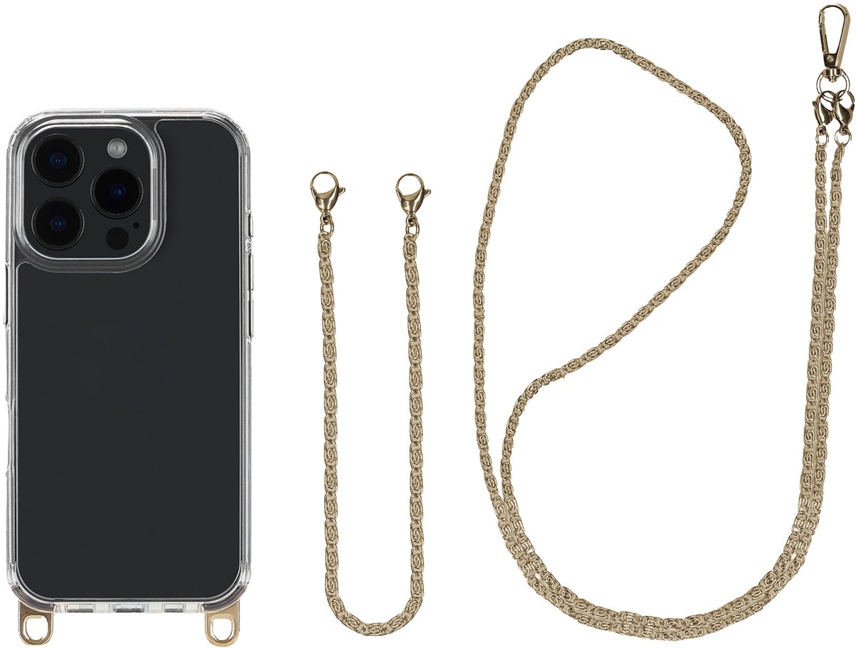 Selencia Transparant Hoesje met Haakjes inclusief Telefoonketting - Geschikt voor Apple iPhone 16 Pro Max - Goud