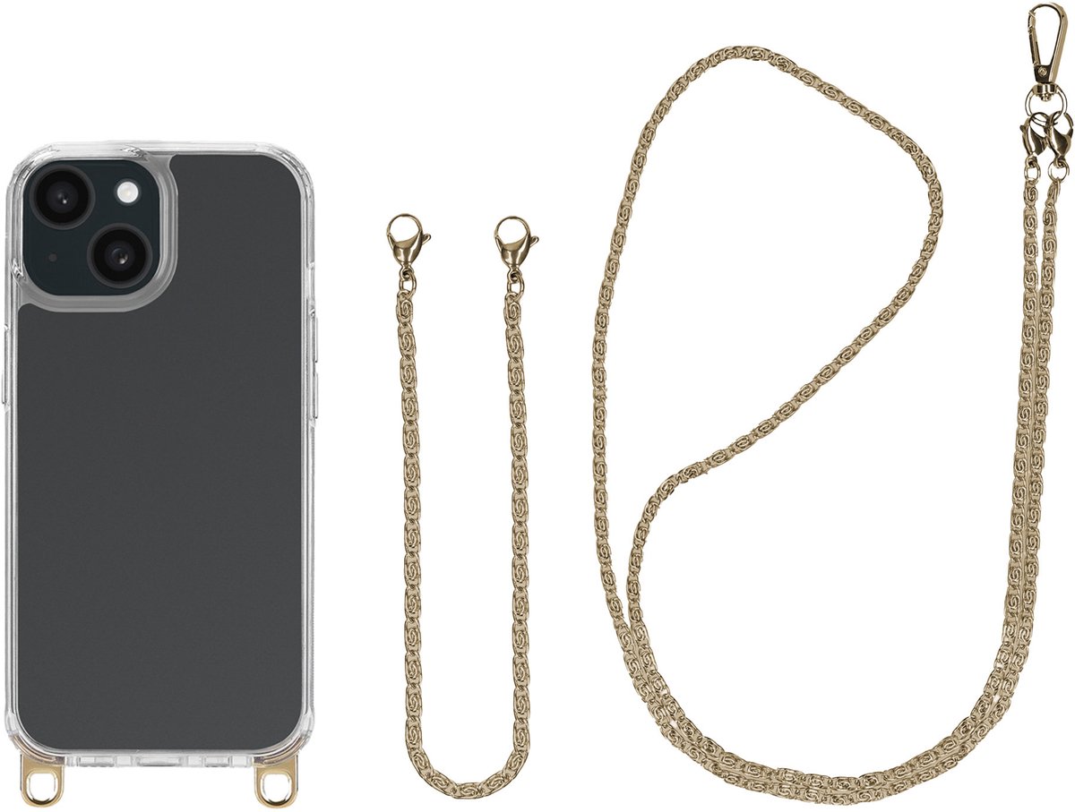 Selencia Transparant Hoesje met Haakjes inclusief Telefoonketting - Geschikt voor Apple iPhone 14 - Goud