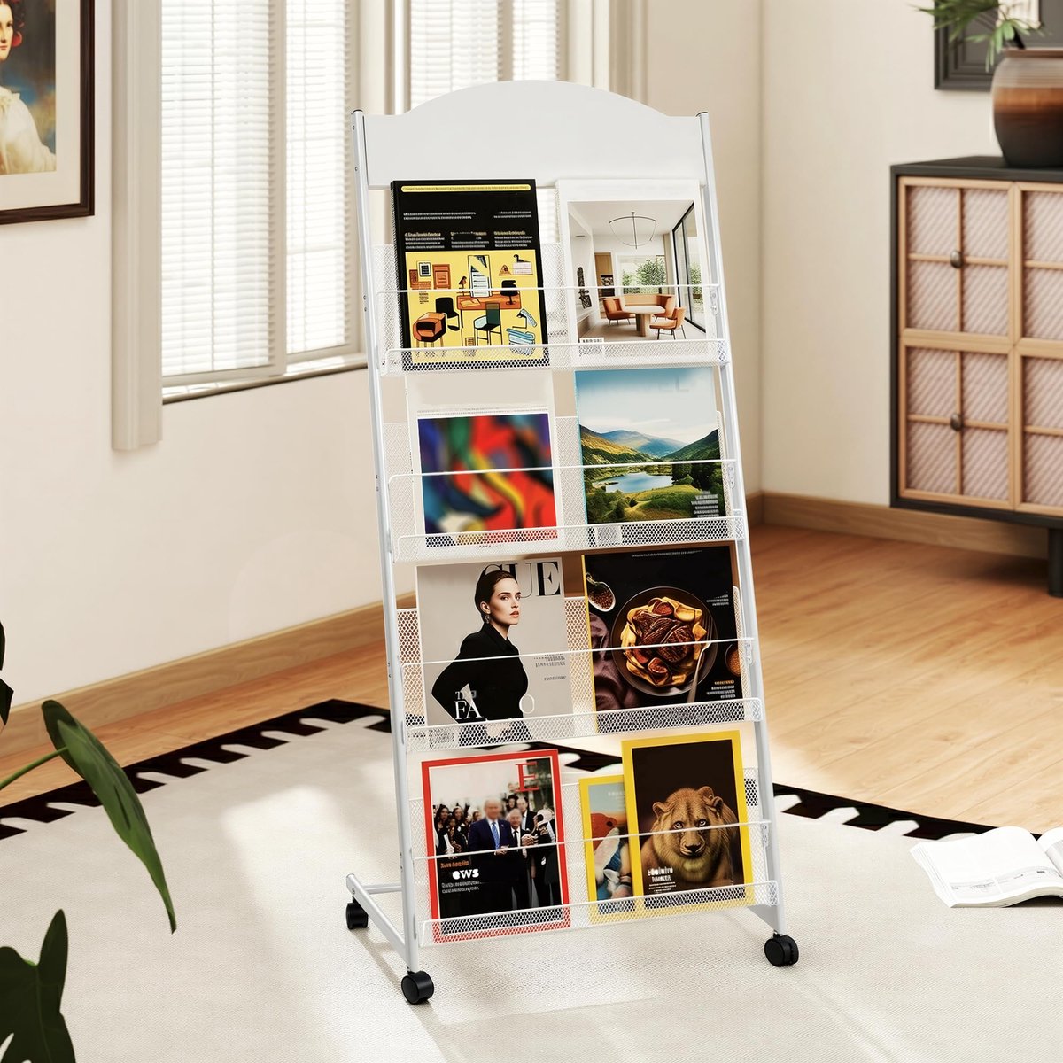 SnelShoppen - 4-traps brochurestandaard, tijdschriftenstandaard, staande literatuurstandaard, A4 krantenstandaard met wielen, stevige staalconstructie