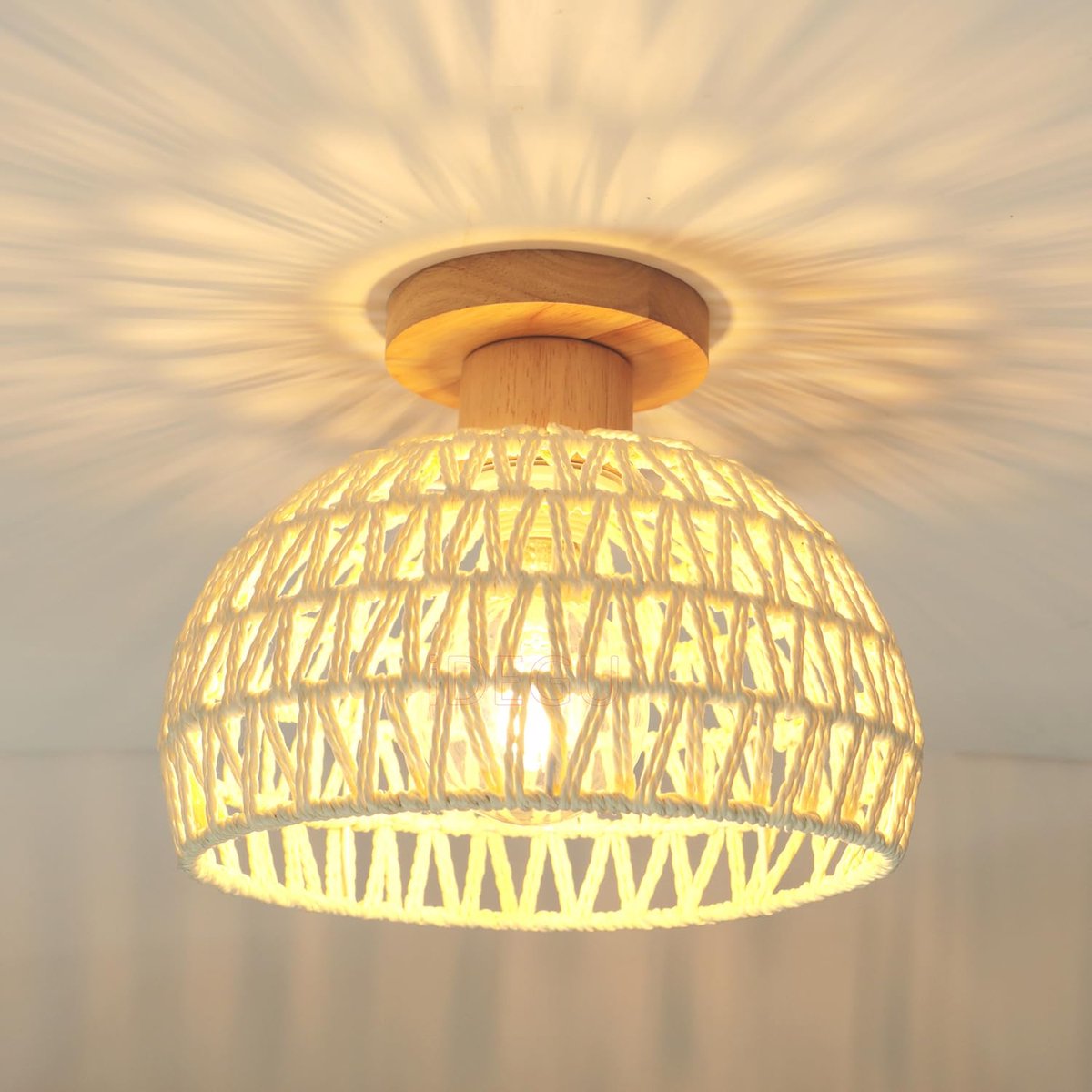 SnelShoppen - Vintage plafondlamp Ø 25 cm kroonluchter van hout rotan lampenkap industriële plafondlamp retro E27 verlichting decoratie voor slaapkame