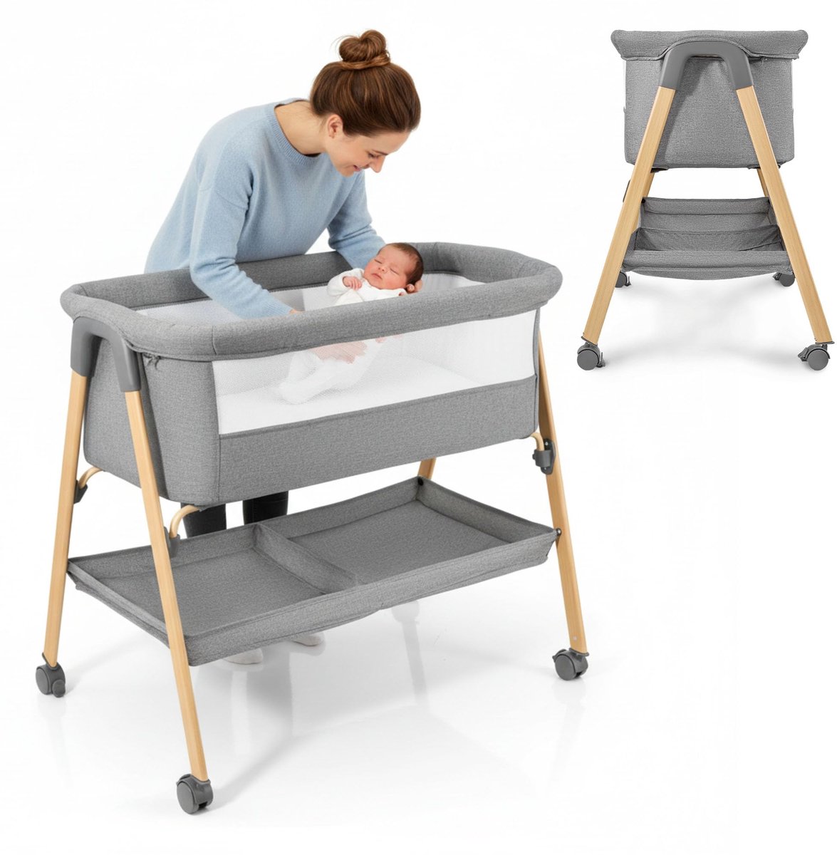 SnelShoppen - Mili Inklapbaar Reisbed voor Baby's 0-6 Maanden - Grijs met Matras, Netzijkanten, Opbergruimte, Wielen met Rem, Licht en Stabiel, Max. 9