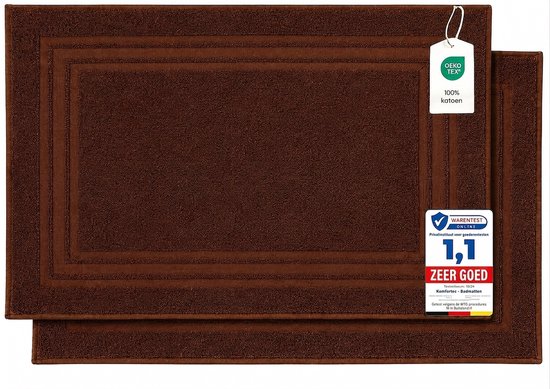 Twee bruine katoenen badmatten met OEKO-TEX® en Warentest keurmerk.