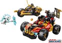 LEGO Ninjago: een rode en zwarte buggy, een gouden en zwarte motor, en een wit wezen met ijsclub.